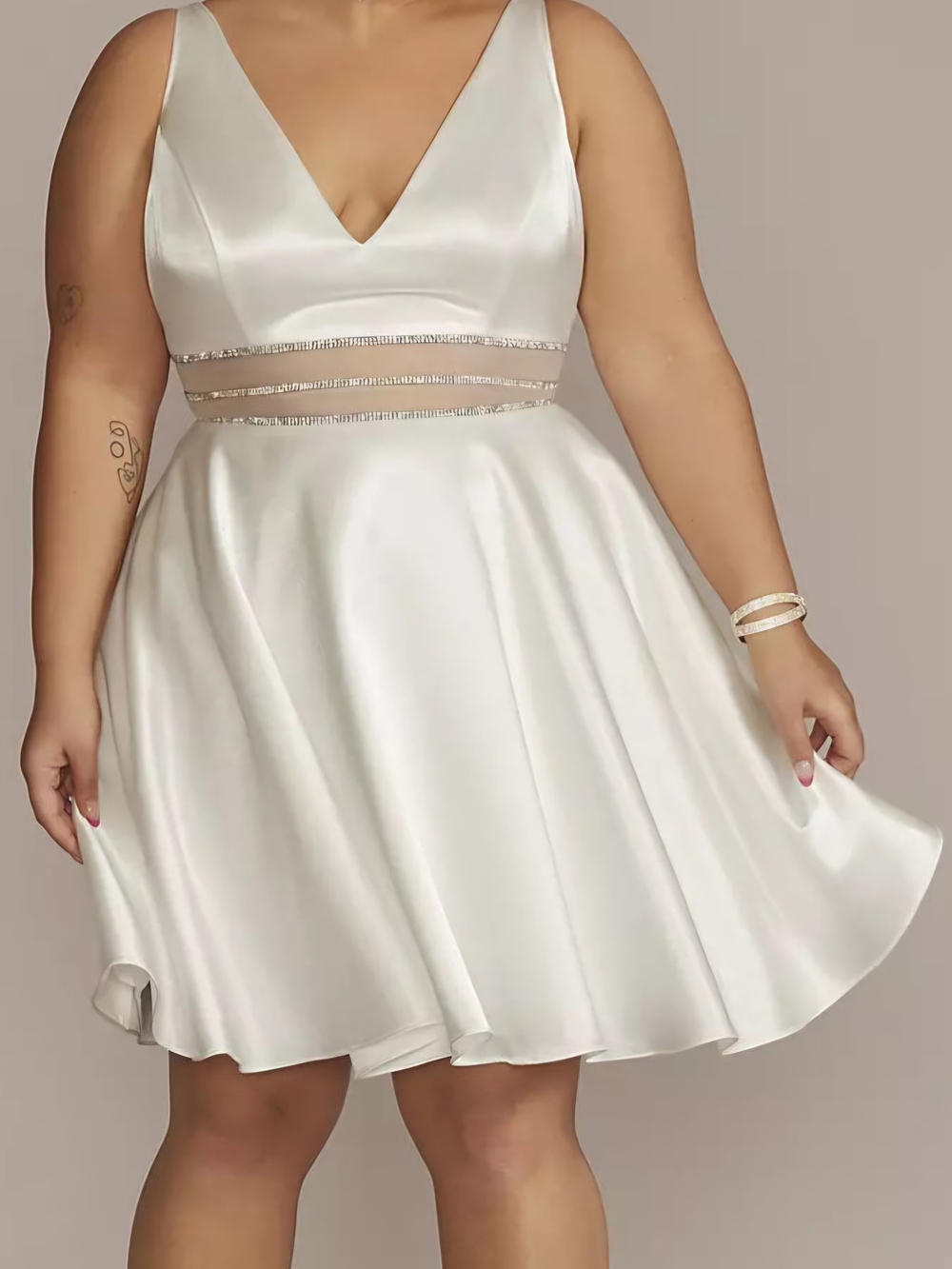 David's Bridal Ivory Satin V-Neck Mini Dress with Crystal Waistband